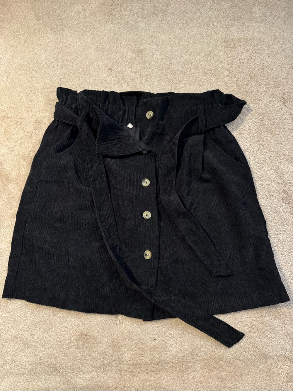 High-Waist Black Button-Front Corduroy Paperbag Skirt with Waist Tie